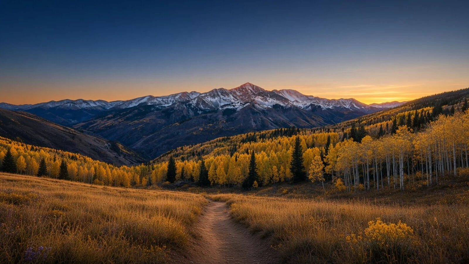 Sunlit trail through a meadow leading toward the Front Range peaks
