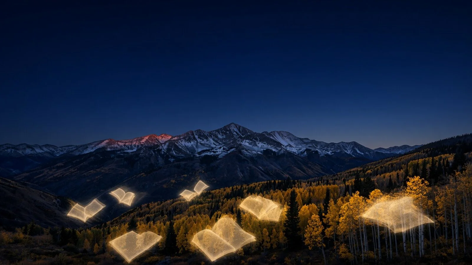 Open ledger pages glowing above golden aspens and the Rocky Mountains at dawn